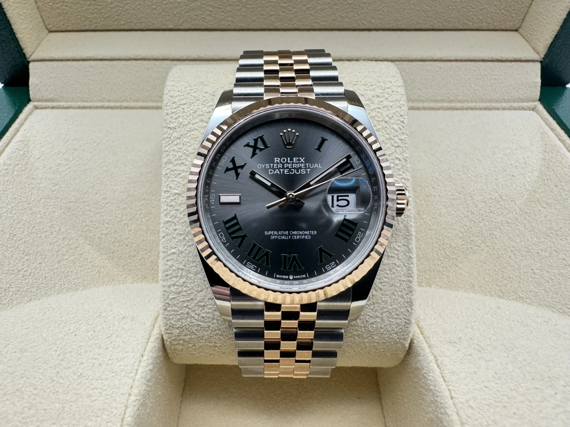 Rolex Datejust 36mm | Wimbledon Grijs & 18K Everose Goud Gekarteld Lunnete | Oystersteel | 126231