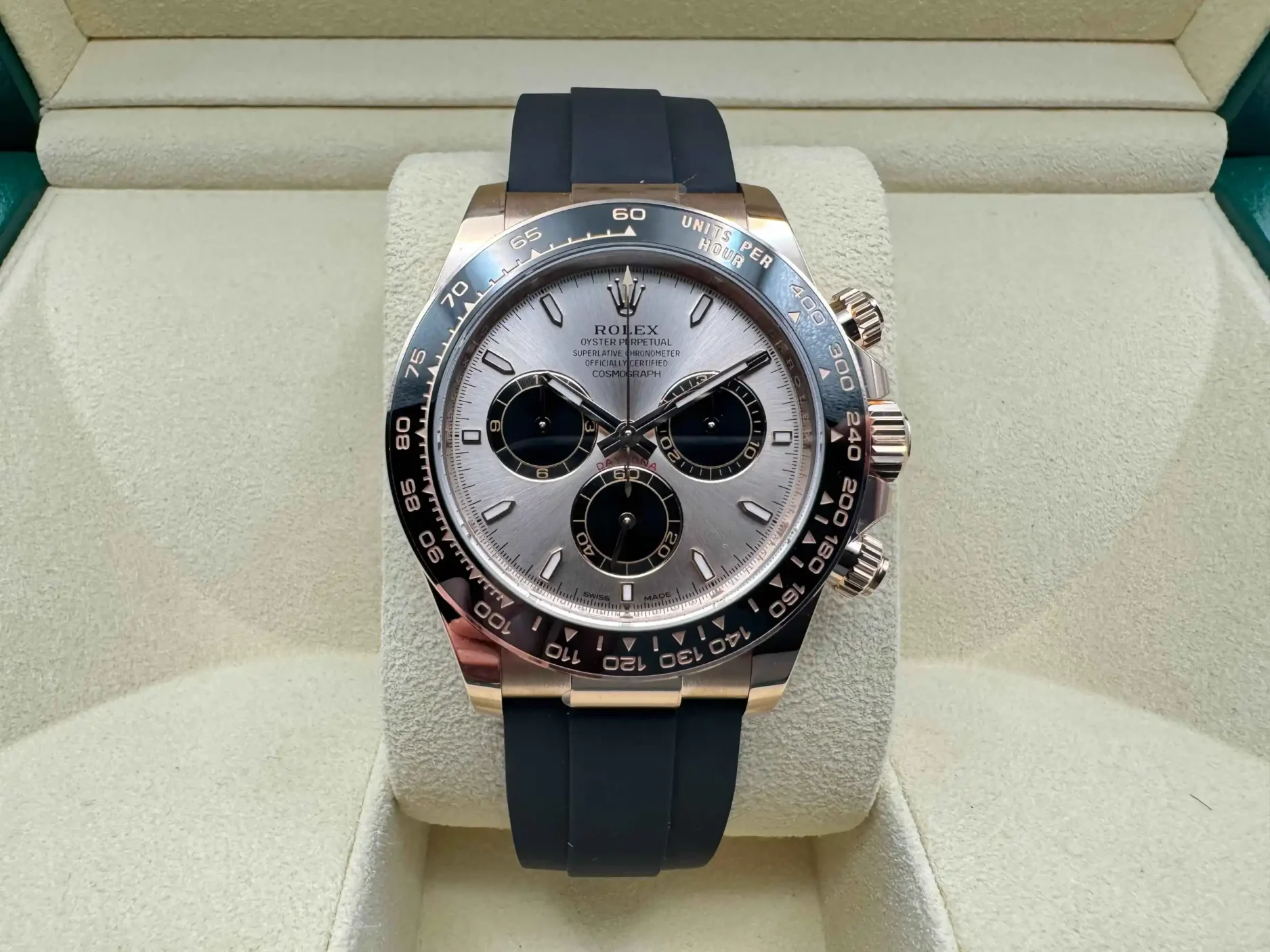 Rolex Daytona 40mm | Champagne/Rosé | Zwarte Keramische Bezel & 18K Everose (Roségoud) | Oysterflex | 126515LN