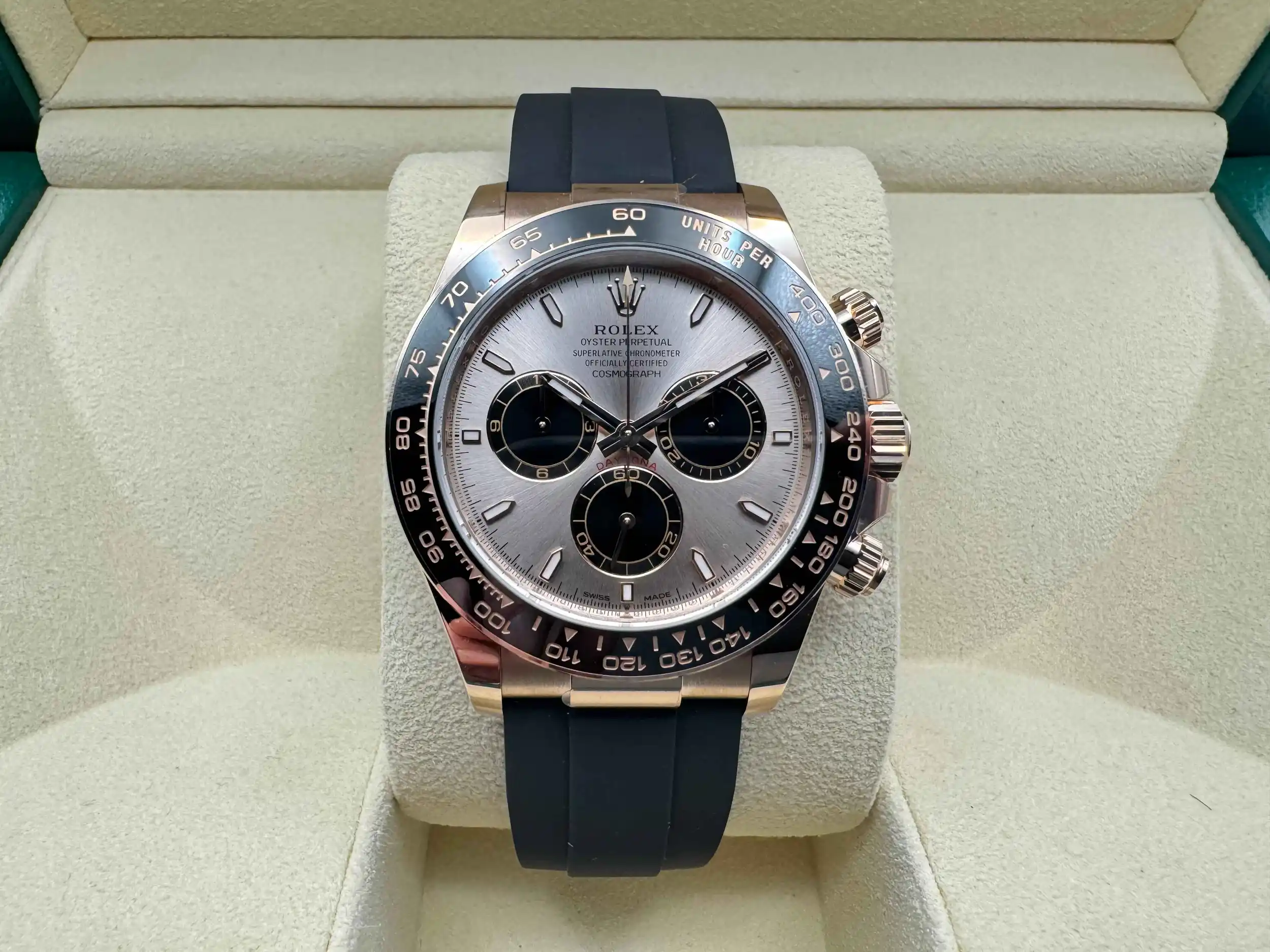 Rolex Daytona 40mm | Champagne/Rosé | Zwarte Keramische Bezel & 18K Everose (Roségoud) | Oysterflex | 126515LN