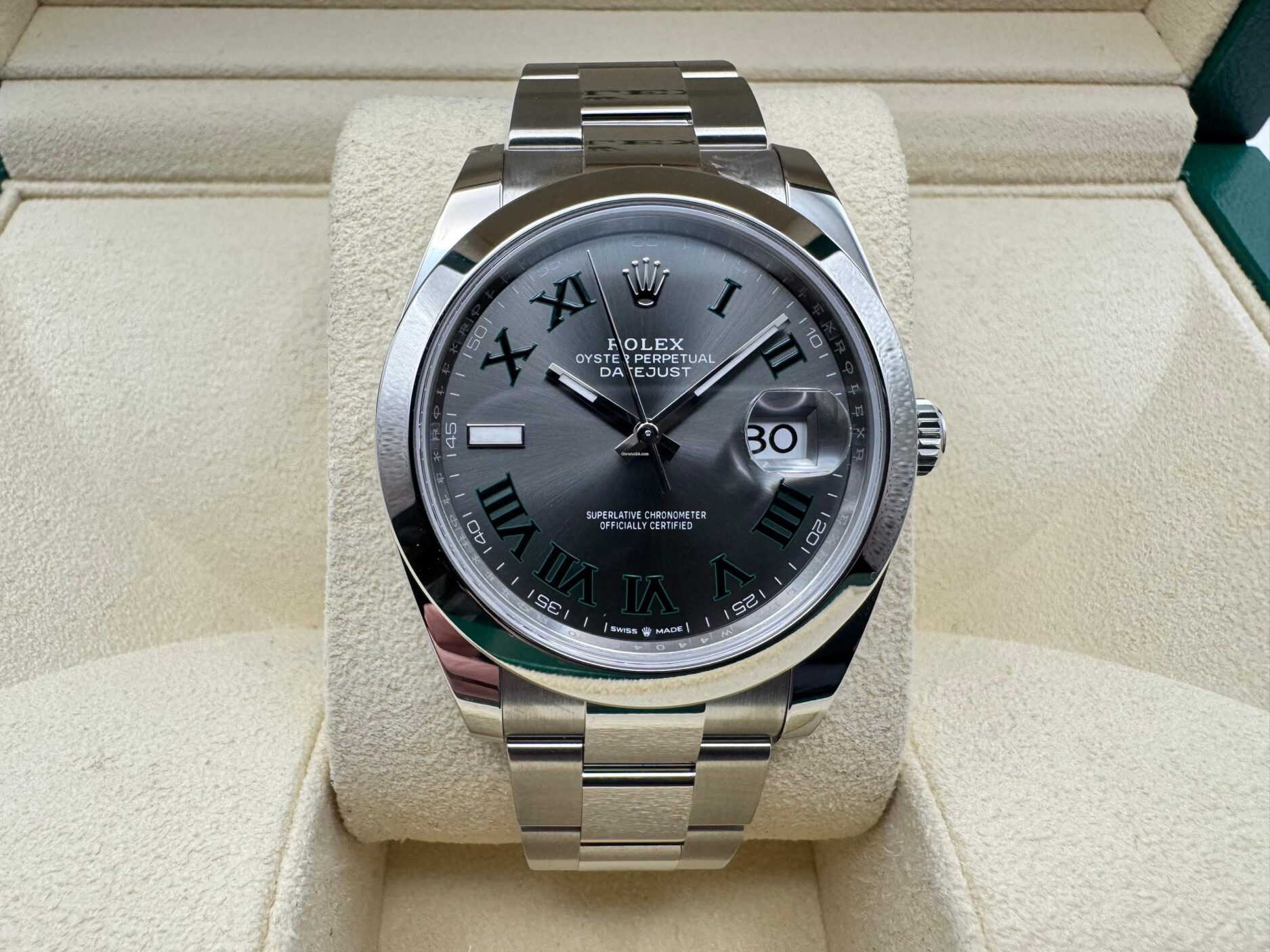 Rolex Datejust 41mm | Wimbledon Groene Romeinse Cijfers & Grijze Wijzerplaat | 126300