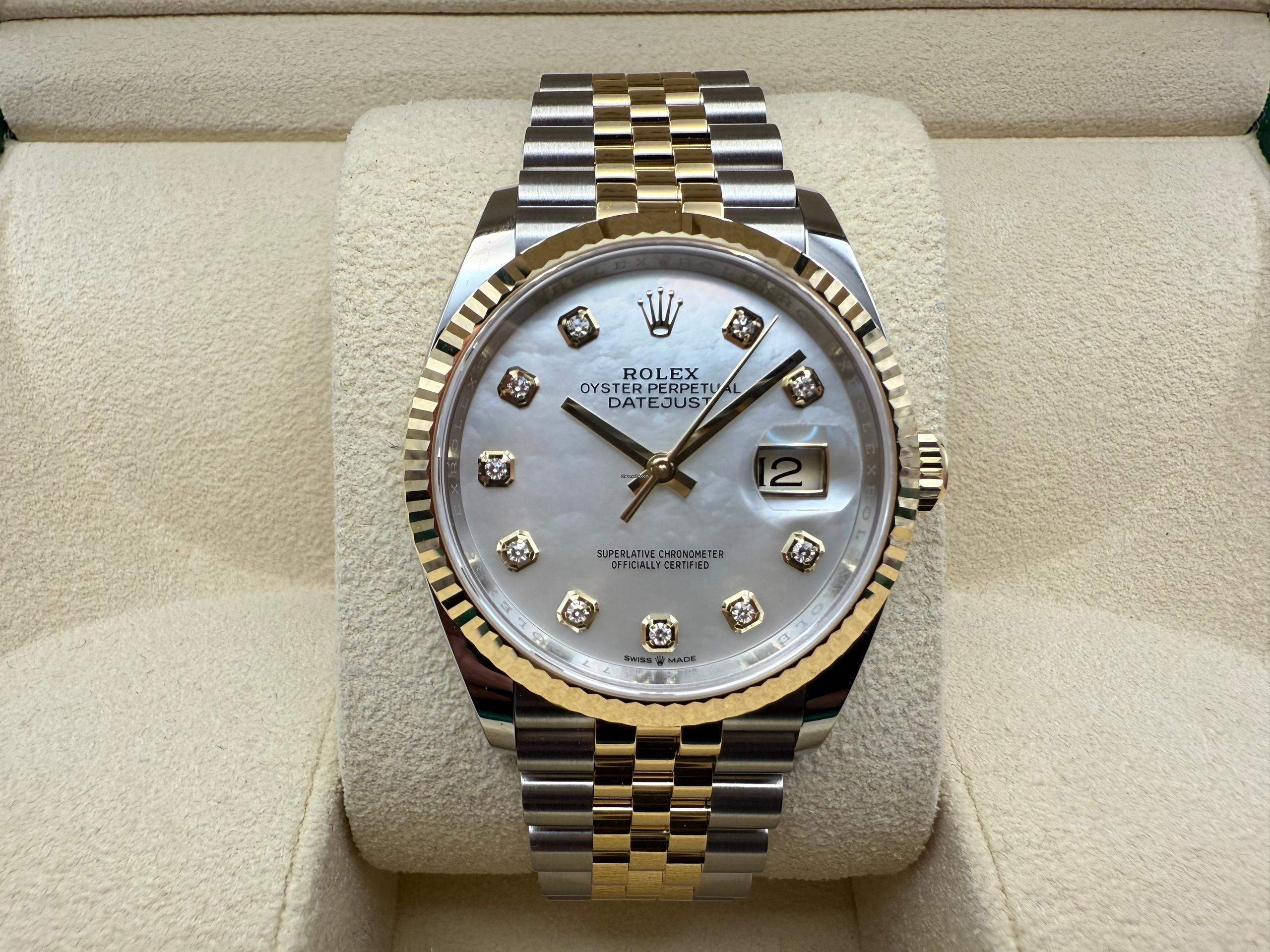 Rolex Datejust 36mm | Wit Parelmoer Wijzerplaat Met 10 Diamanten & Geelgoud 18K | Jubilee | 126233