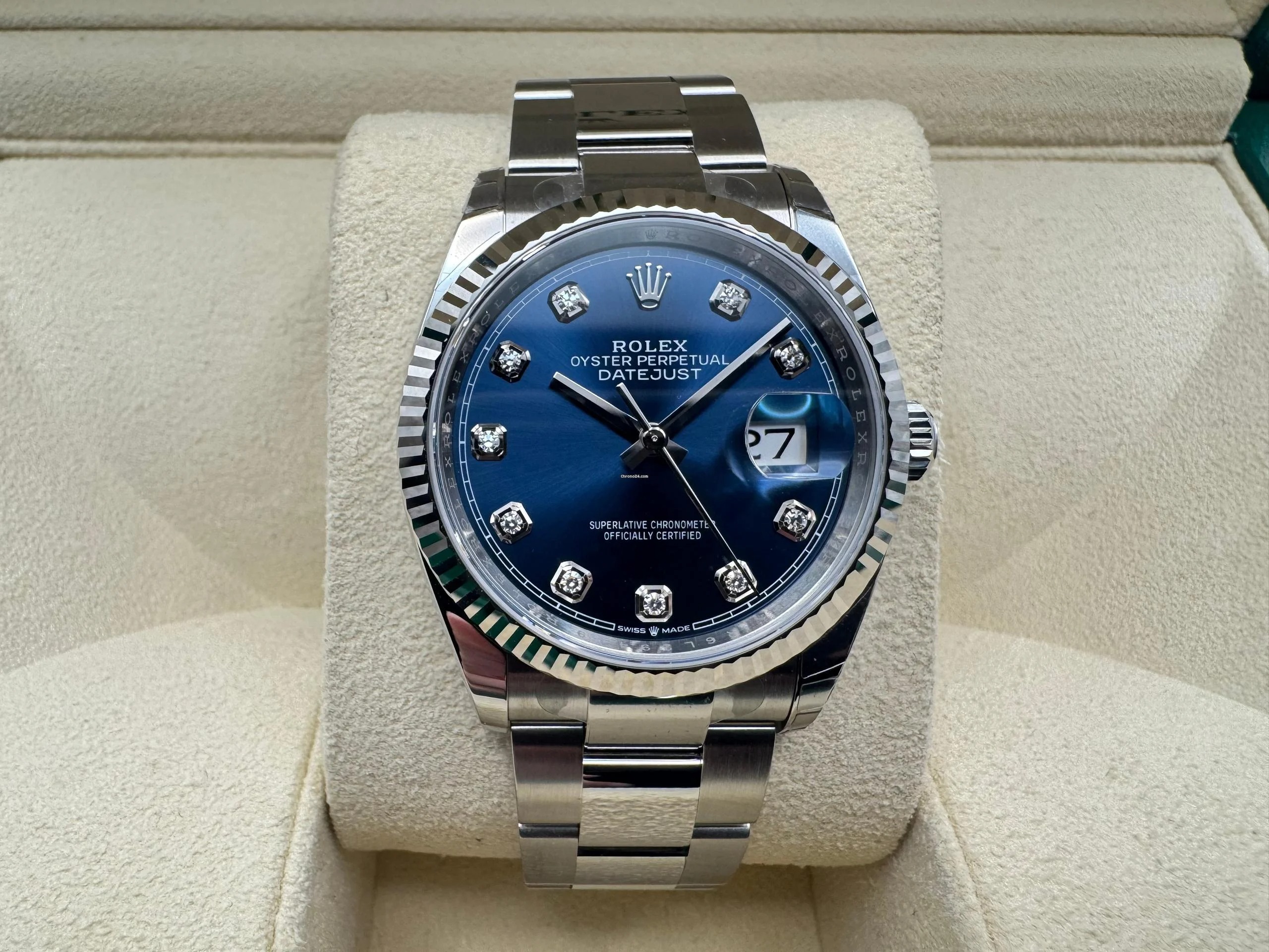 Rolex Datejust 36mm | Blauwe Diamanten Wijzerplaat | 18K Witgoud Gekarteld Lunette | Oystersteel | 126234