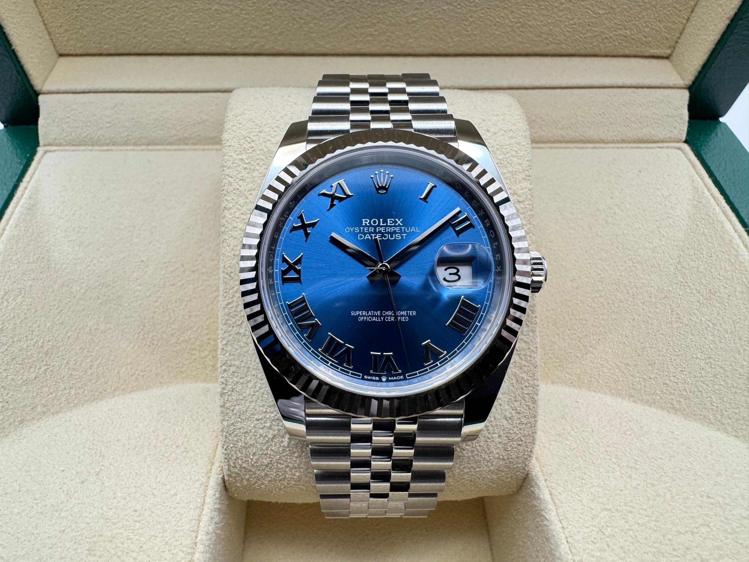 Rolex Datejust 41mm | Azzurro Blauw Wijzerplaat Met Romeinse Cijfers | 18K Witgoud Gekarteld Lunette | Jubilee | 126334