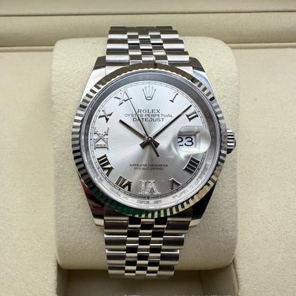 Rolex Datejust 36mm | Zilver Wijzerplaat met Diamanten | 18K Witgouden Gecanneleerde Lunette | Jubilee | 126234