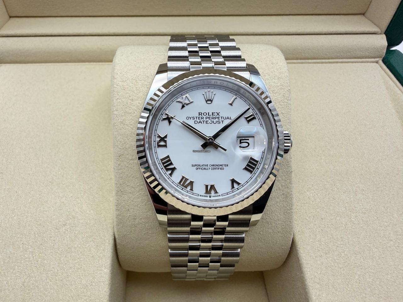 Rolex Datejust 36mm | Witte Wijzerplaat | Romeinse Index |18K Witgoud | Gekartelde Lunette | Jubilee | 126234